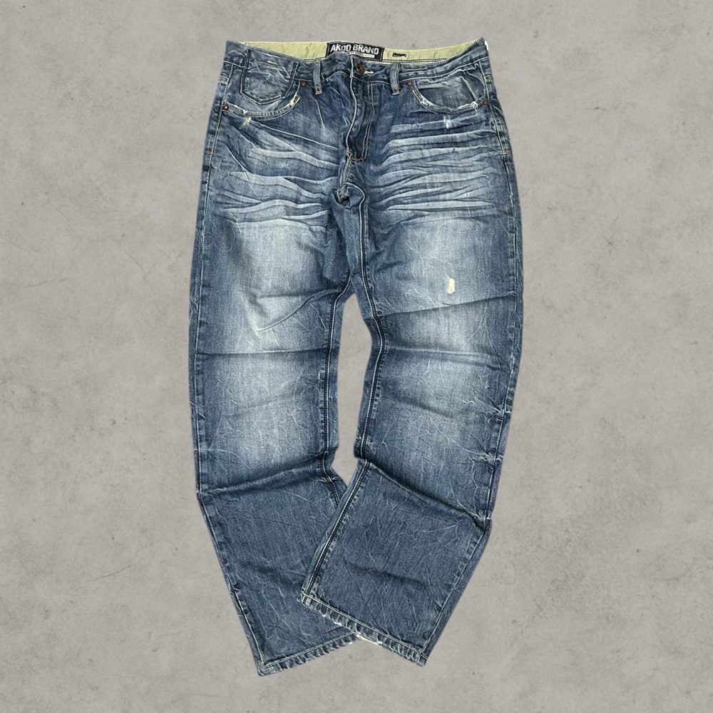 Akoo Jeans Mens 38x32 Blue Y2k Baggy Wide-Leg Grunge 2000s Hip Hop Loose Skater